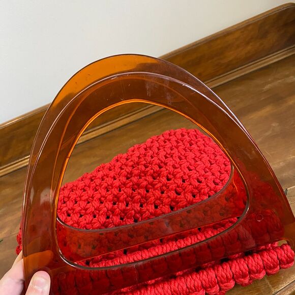 Vintage Boho Cherry Red Crochet Purse with Retro Chunky Amber Lucite Handles - Picture 2 of 10